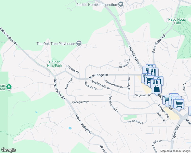 map of restaurants, bars, coffee shops, grocery stores, and more near 440 Virginia Hills Drive in Martinez