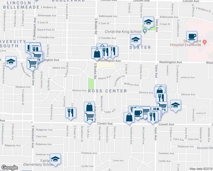 map of restaurants, bars, coffee shops, grocery stores, and more near 1219 South Roosevelt Drive in Evansville