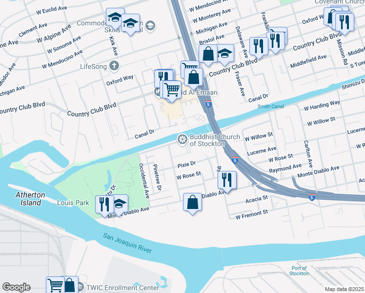 map of restaurants, bars, coffee shops, grocery stores, and more near 2820 Shimizu Drive in Stockton