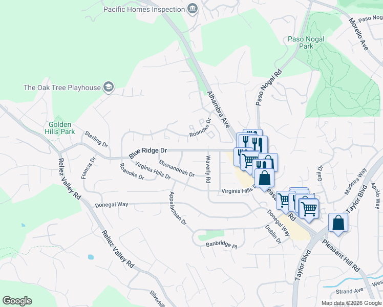 map of restaurants, bars, coffee shops, grocery stores, and more near 245 Paula Court in Martinez