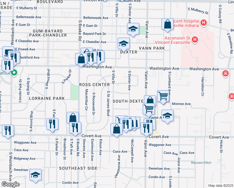 map of restaurants, bars, coffee shops, grocery stores, and more near 2809 Madison Avenue in Evansville