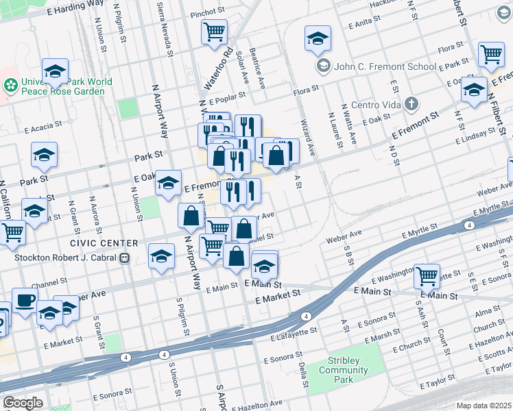 map of restaurants, bars, coffee shops, grocery stores, and more near 1624 East Miner Avenue in Stockton
