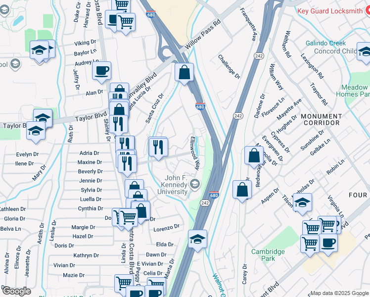 map of restaurants, bars, coffee shops, grocery stores, and more near 337 Rock Creek Way in Pleasant Hill
