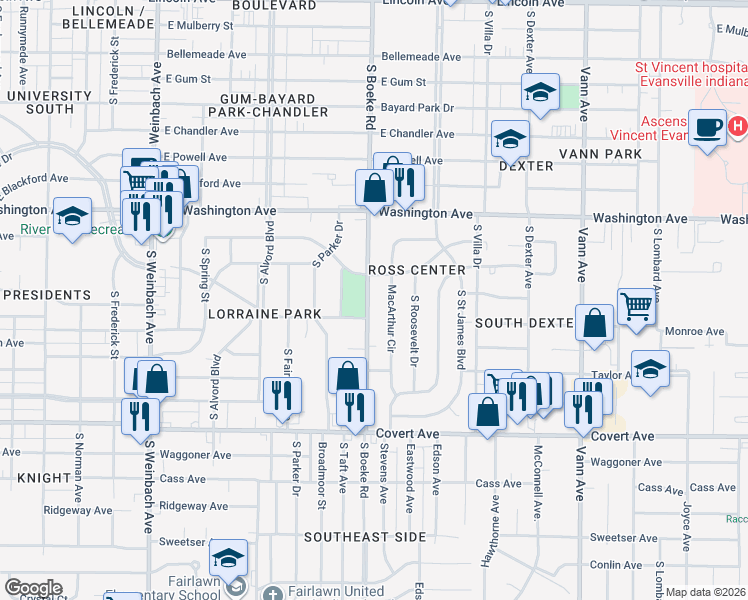 map of restaurants, bars, coffee shops, grocery stores, and more near 1301 South Boeke Road in Evansville