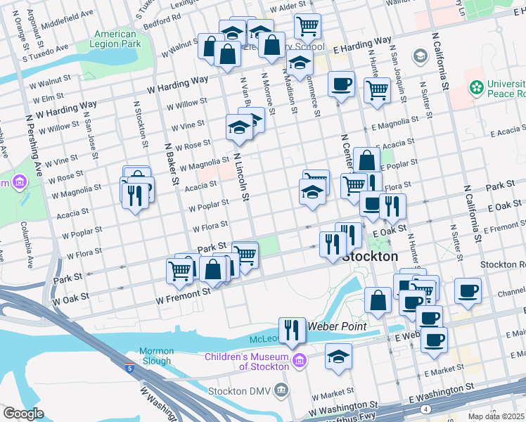 map of restaurants, bars, coffee shops, grocery stores, and more near 430 West Flora Street in Stockton
