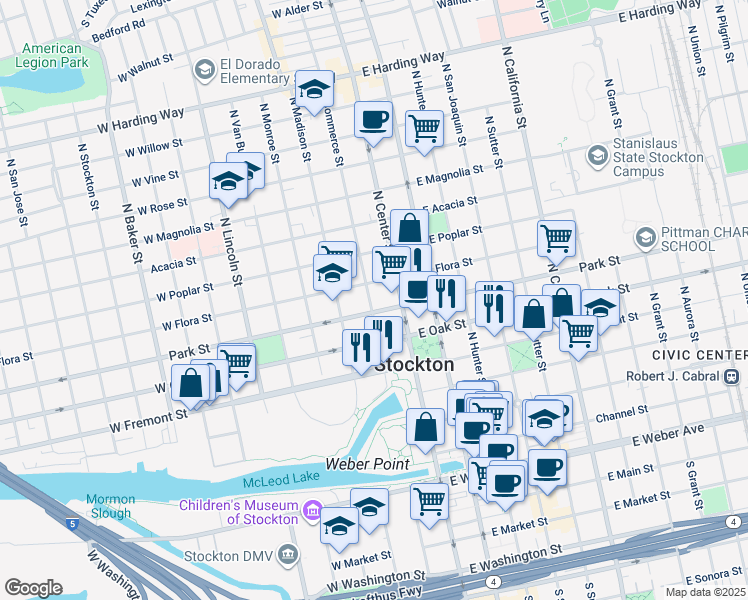 map of restaurants, bars, coffee shops, grocery stores, and more near 722 North Commerce Street in Stockton