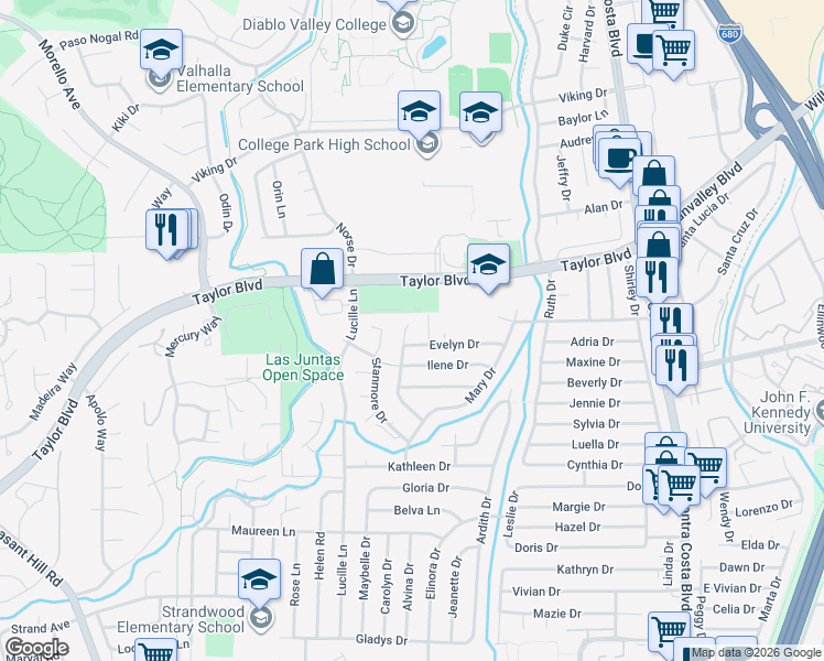 map of restaurants, bars, coffee shops, grocery stores, and more near 1630 Merian Drive in Pleasant Hill