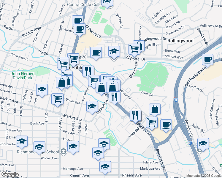 map of restaurants, bars, coffee shops, grocery stores, and more near in San Pablo
