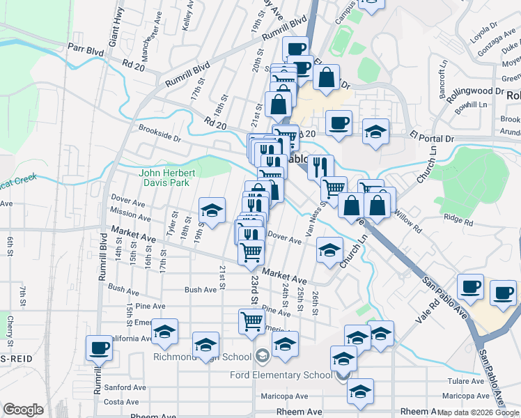 map of restaurants, bars, coffee shops, grocery stores, and more near 2211 Dover Avenue in San Pablo