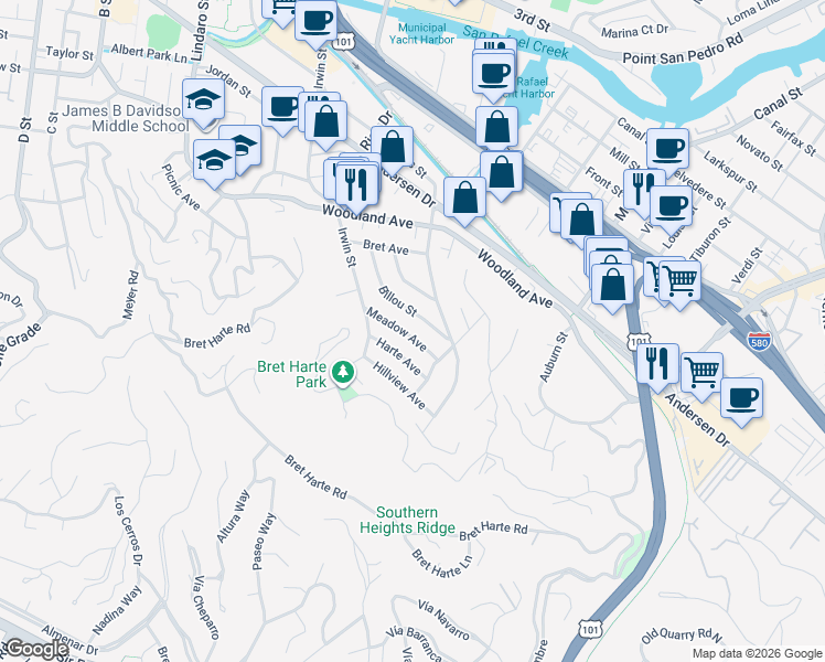 map of restaurants, bars, coffee shops, grocery stores, and more near 33 Harte Avenue in San Rafael