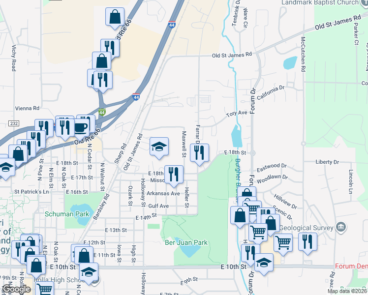 map of restaurants, bars, coffee shops, grocery stores, and more near 1810 Maxwell Street in Rolla