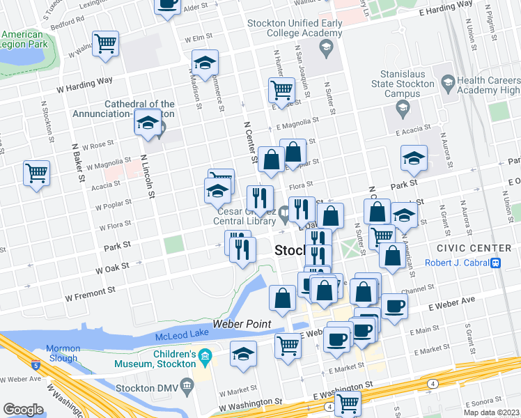 map of restaurants, bars, coffee shops, grocery stores, and more near 709 North Center Street in Stockton