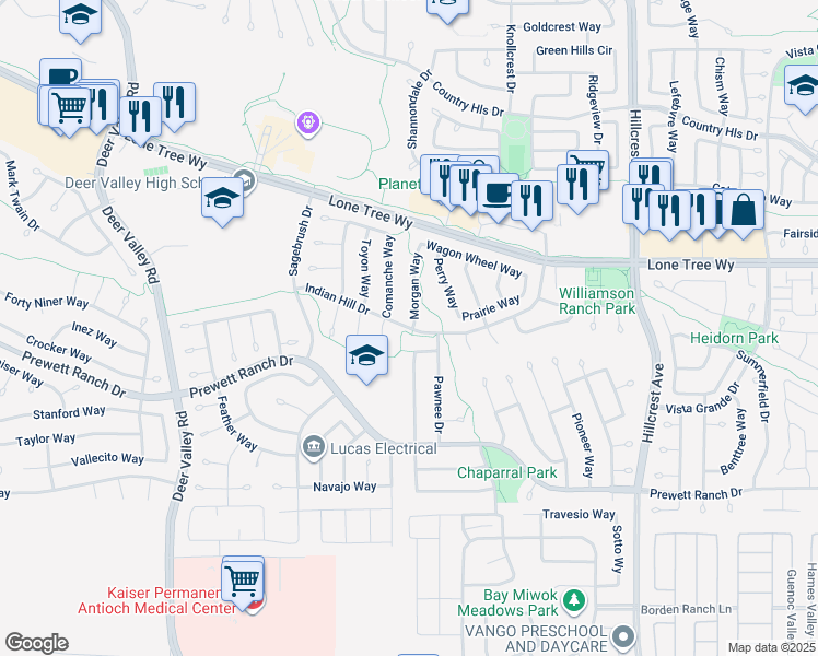 map of restaurants, bars, coffee shops, grocery stores, and more near Indian Hill Drive in Antioch