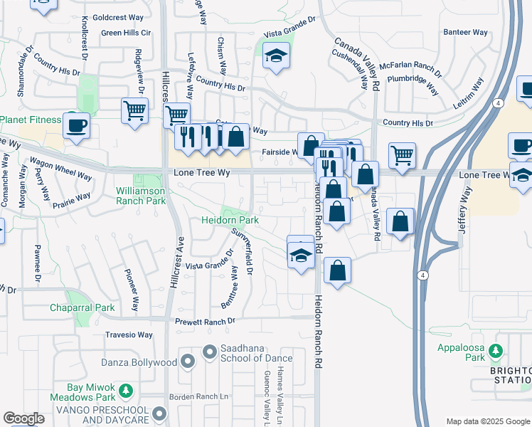 map of restaurants, bars, coffee shops, grocery stores, and more near 5006 Ledgewood Court in Antioch