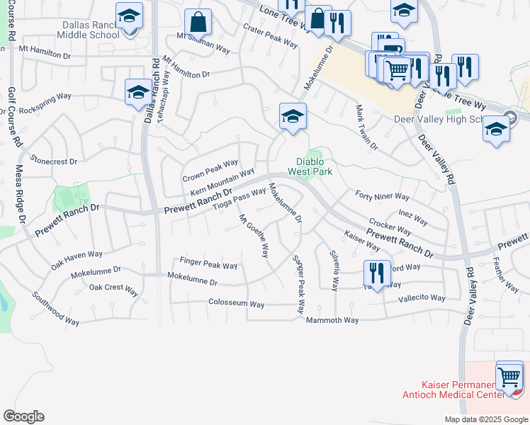 map of restaurants, bars, coffee shops, grocery stores, and more near 1906 Mount Stakes Court in Antioch