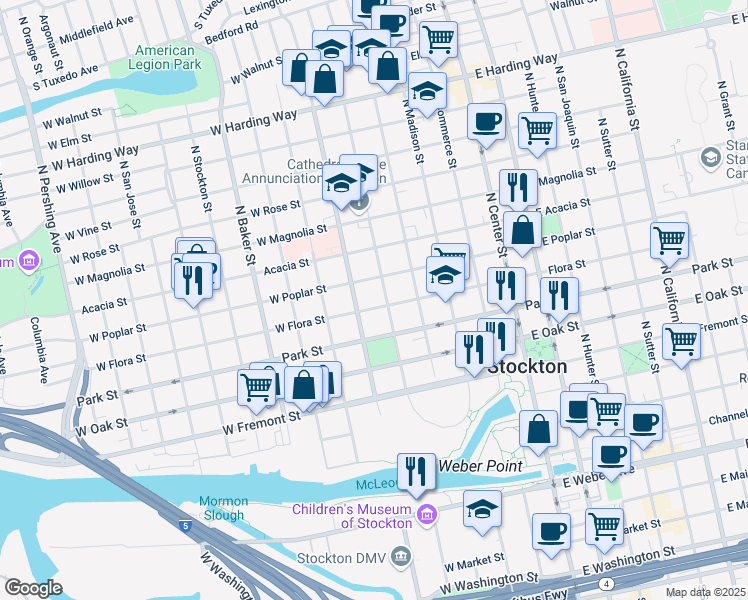 map of restaurants, bars, coffee shops, grocery stores, and more near 419 West Flora Street in Stockton