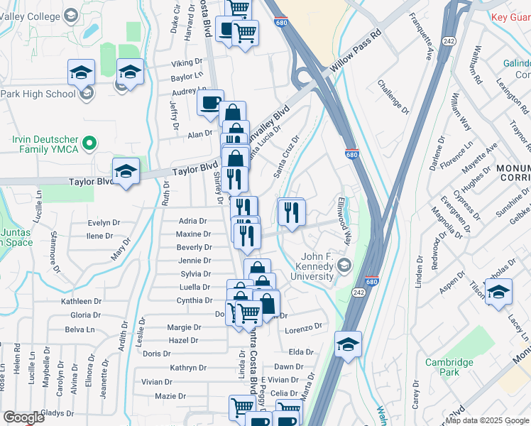 map of restaurants, bars, coffee shops, grocery stores, and more near 100 Ellinwood Drive in Pleasant Hill