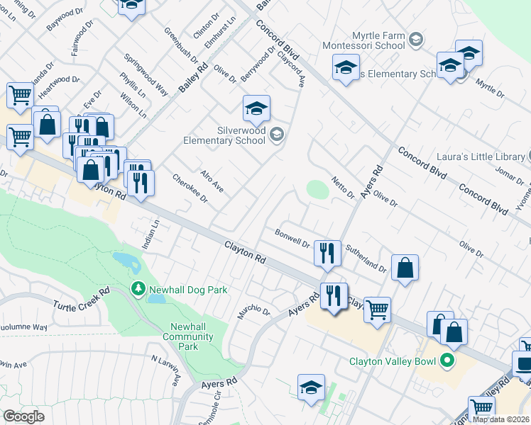 map of restaurants, bars, coffee shops, grocery stores, and more near 1525 Heather Drive in Concord
