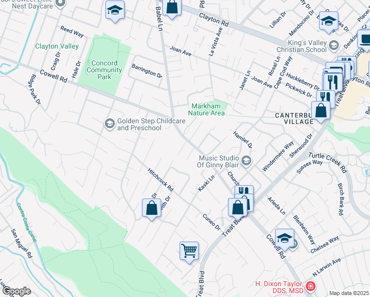 map of restaurants, bars, coffee shops, grocery stores, and more near 1170 Green Gables Court in Concord