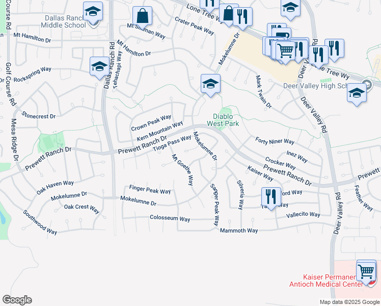 map of restaurants, bars, coffee shops, grocery stores, and more near 1906 Mount Stakes Court in Antioch