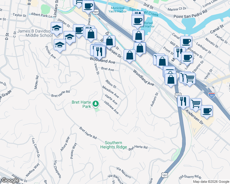 map of restaurants, bars, coffee shops, grocery stores, and more near 33 Harte Avenue in San Rafael