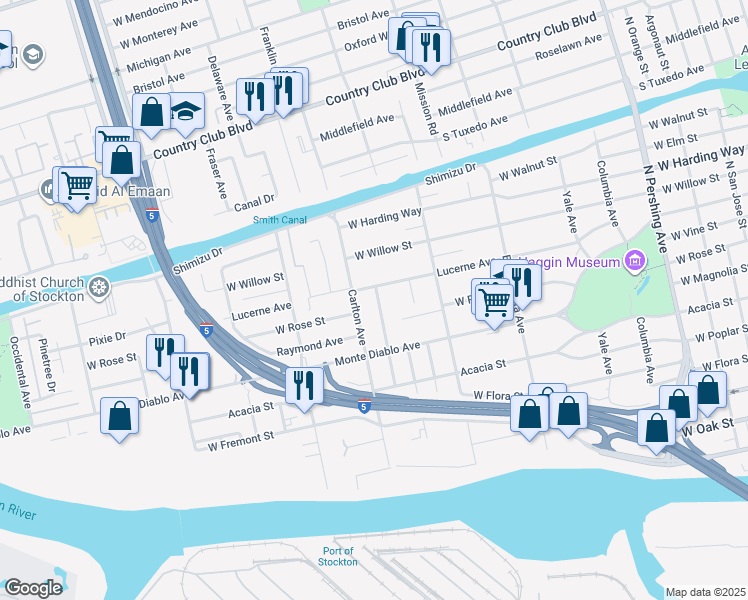 map of restaurants, bars, coffee shops, grocery stores, and more near 1245 Victoria Avenue in Stockton