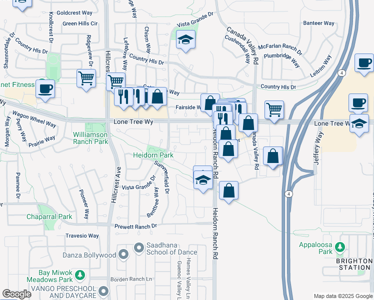 map of restaurants, bars, coffee shops, grocery stores, and more near 5149 Deerspring Way in Antioch