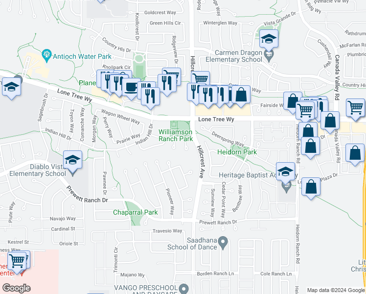 map of restaurants, bars, coffee shops, grocery stores, and more near 5112 Thistlewood Court in Antioch
