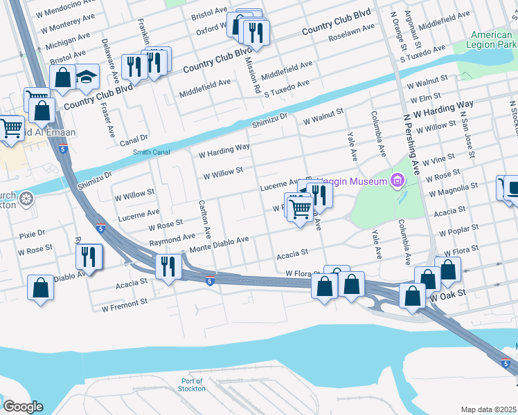 map of restaurants, bars, coffee shops, grocery stores, and more near 1221 San Juan Avenue in Stockton