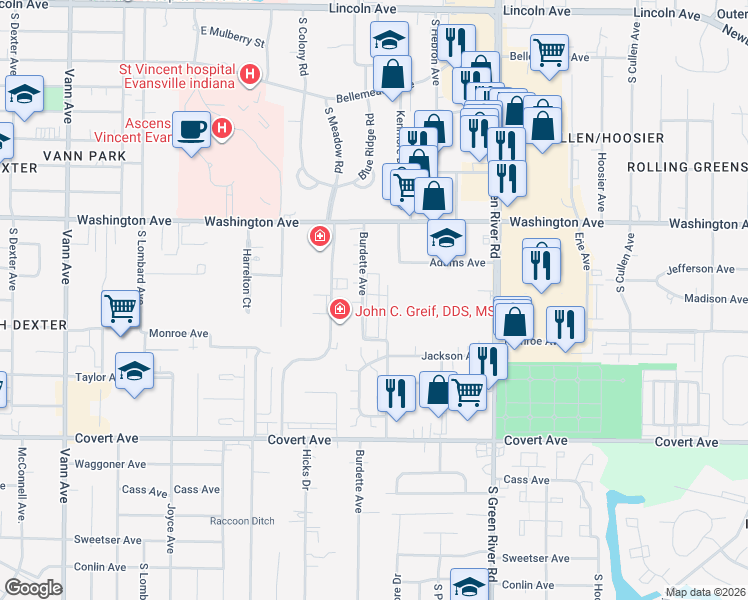 map of restaurants, bars, coffee shops, grocery stores, and more near 1165 Shiloh Square in Evansville