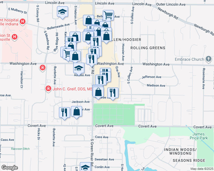 map of restaurants, bars, coffee shops, grocery stores, and more near 1208 Washington Square in Evansville