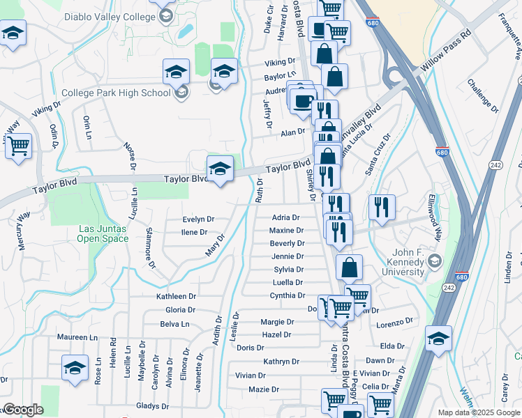 map of restaurants, bars, coffee shops, grocery stores, and more near 1601 Ruth Drive in Pleasant Hill