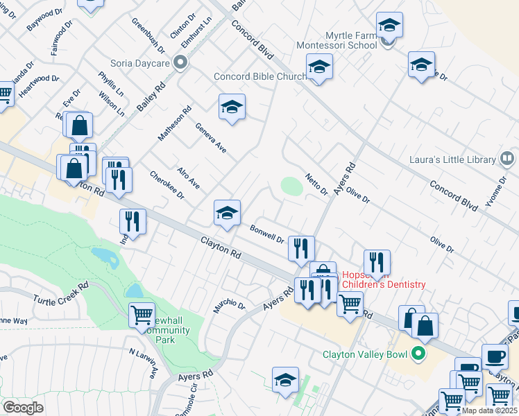 map of restaurants, bars, coffee shops, grocery stores, and more near 1557 Wales Court in Concord
