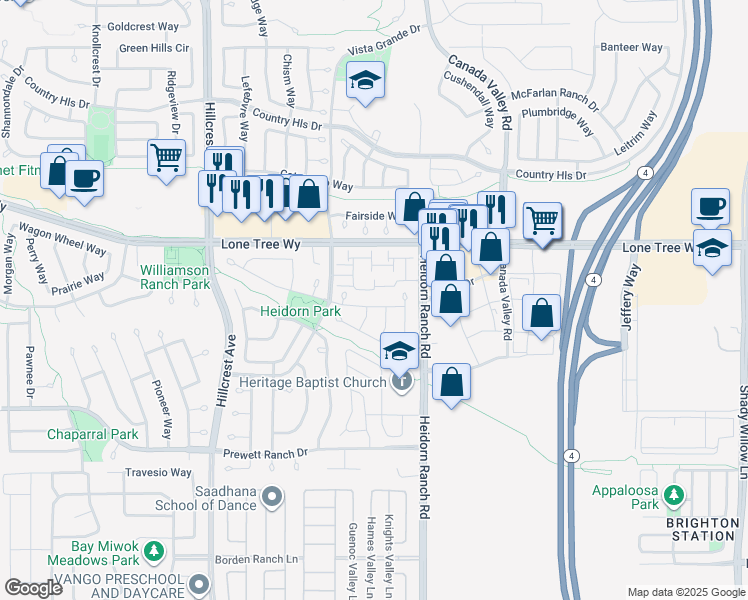 map of restaurants, bars, coffee shops, grocery stores, and more near 5157 Deerspring Way in Antioch
