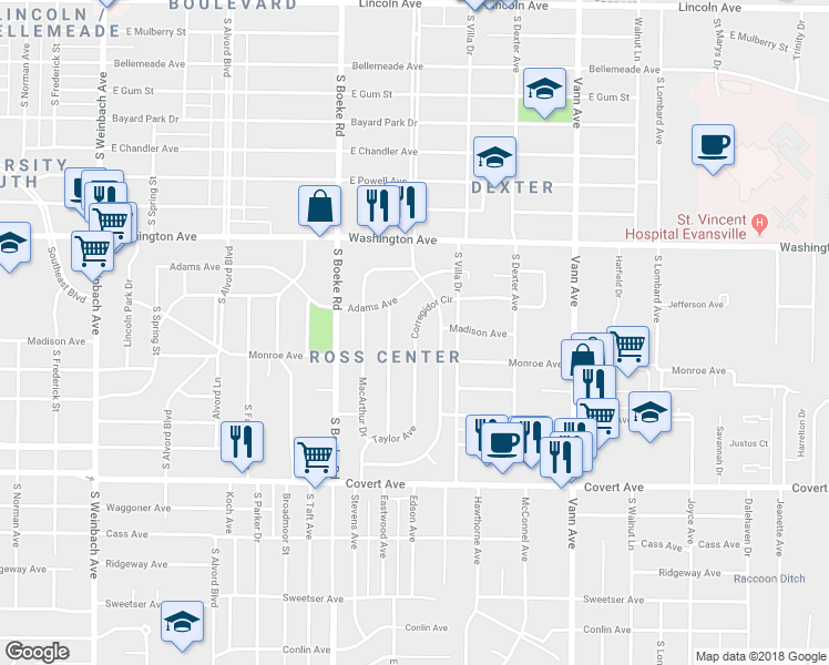 map of restaurants, bars, coffee shops, grocery stores, and more near 1213 Corregidor Circle in Evansville