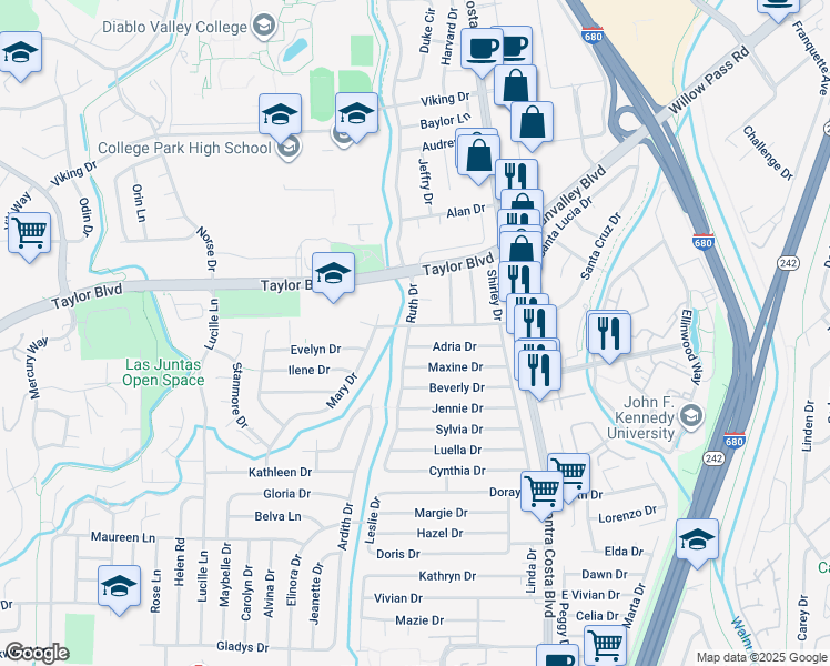 map of restaurants, bars, coffee shops, grocery stores, and more near 1601 Ruth Drive in Pleasant Hill