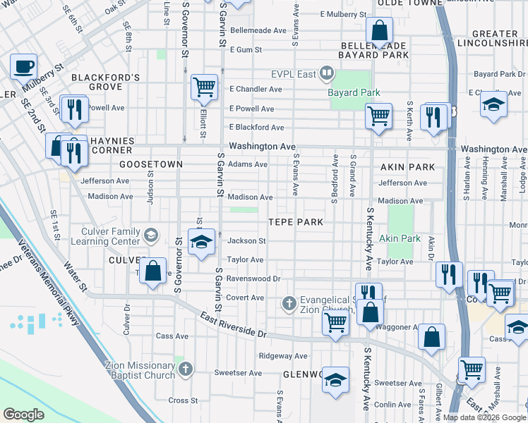 map of restaurants, bars, coffee shops, grocery stores, and more near 638 Madison Avenue in Evansville