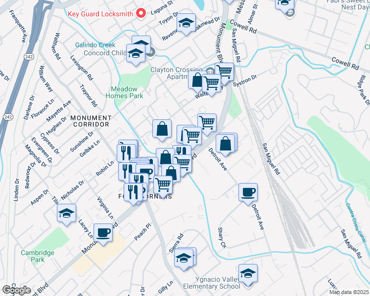 map of restaurants, bars, coffee shops, grocery stores, and more near 1131 Detroit Avenue in Concord