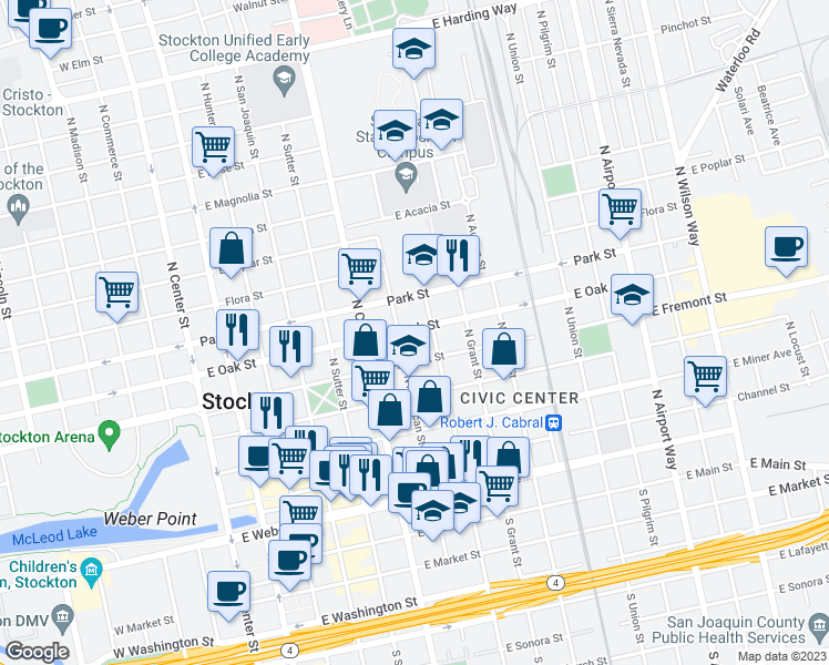 map of restaurants, bars, coffee shops, grocery stores, and more near 626 East Oak Street in Stockton