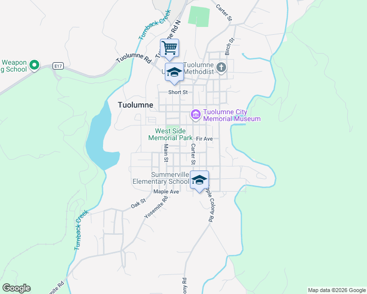 map of restaurants, bars, coffee shops, grocery stores, and more near 18603 Pine Street in Tuolumne