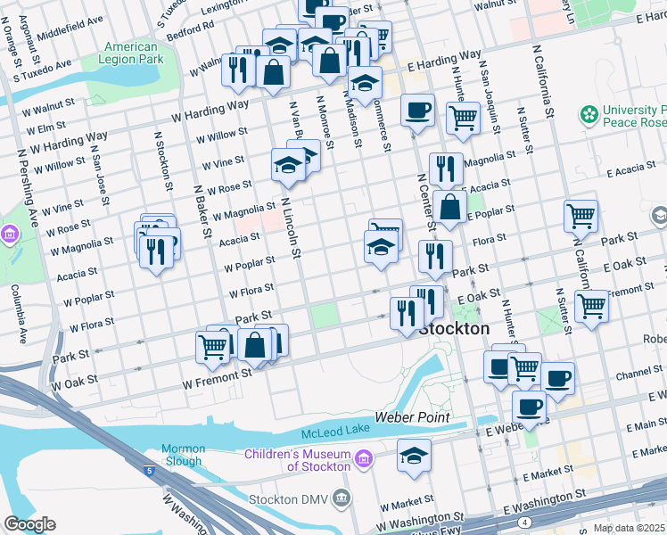 map of restaurants, bars, coffee shops, grocery stores, and more near 849 North Van Buren Street in Stockton