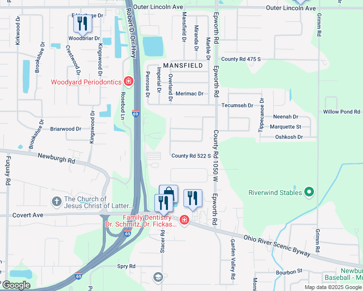 map of restaurants, bars, coffee shops, grocery stores, and more near 10666 Monticello Drive in Newburgh