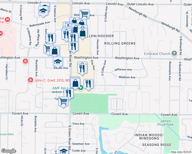 map of restaurants, bars, coffee shops, grocery stores, and more near 1146 Washington Avenue in Evansville