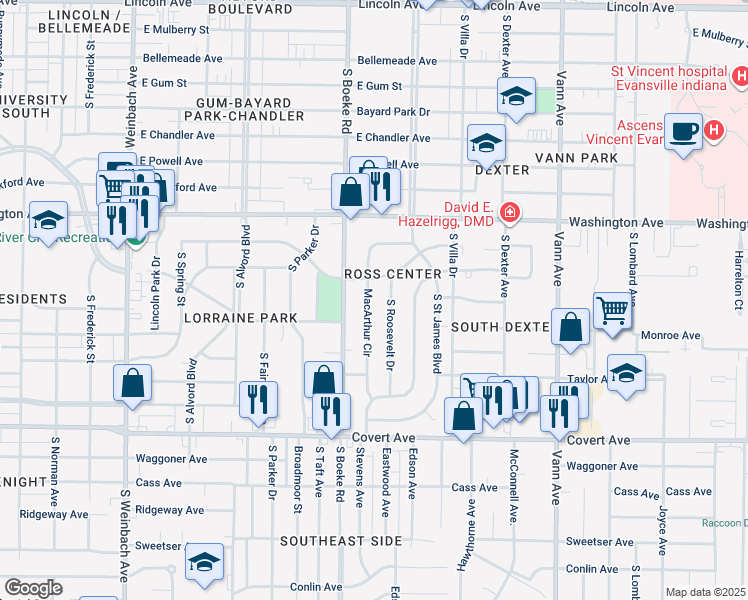 map of restaurants, bars, coffee shops, grocery stores, and more near 2505 Adams Avenue in Evansville