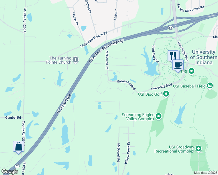 map of restaurants, bars, coffee shops, grocery stores, and more near 1603 McDowell Road in Evansville