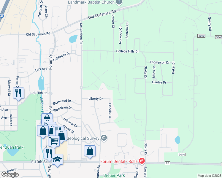 map of restaurants, bars, coffee shops, grocery stores, and more near 3 Liberty Lane in Rolla