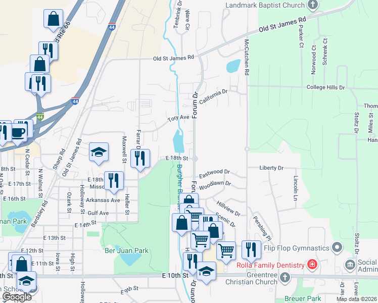 map of restaurants, bars, coffee shops, grocery stores, and more near 1815 Forum Drive in Rolla