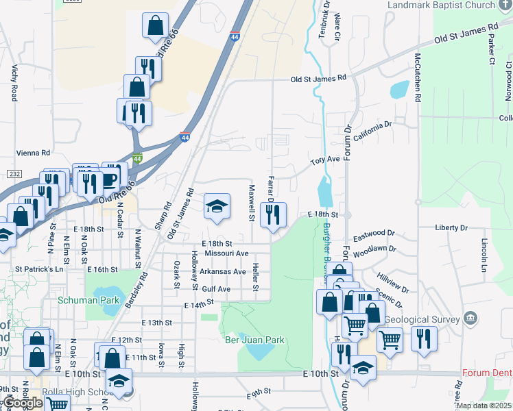map of restaurants, bars, coffee shops, grocery stores, and more near 1910 Maxwell Street in Rolla