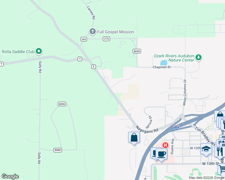 map of restaurants, bars, coffee shops, grocery stores, and more near 1980 Emily Drive in Rolla