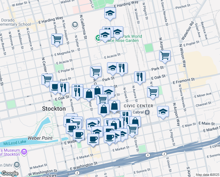 map of restaurants, bars, coffee shops, grocery stores, and more near 624 East Oak Street in Stockton